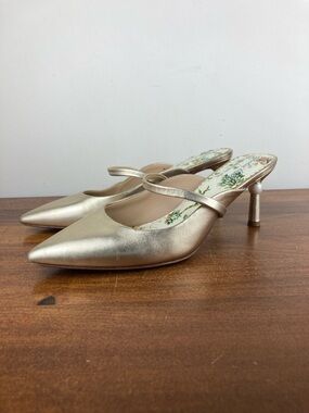 Antonio Melani x Nicola Bathie Maddie Gold Leather Mule Heels Women’s Size 8.5M.